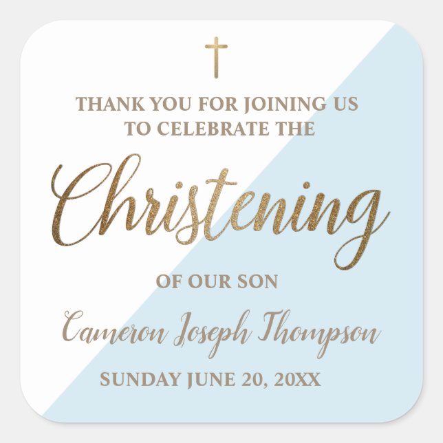Baby Boy Christening Modern gold blue and white Square Sticker (Front)