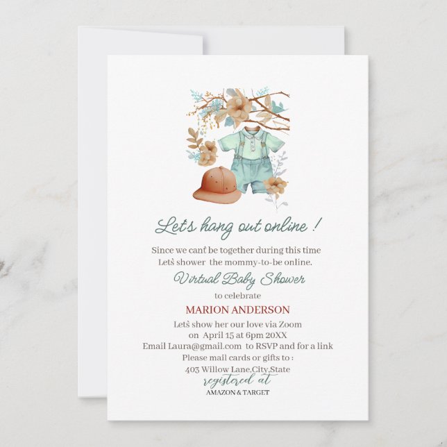 Baby boy cloths watercolor Virtual Baby Shower Invitation (Front)