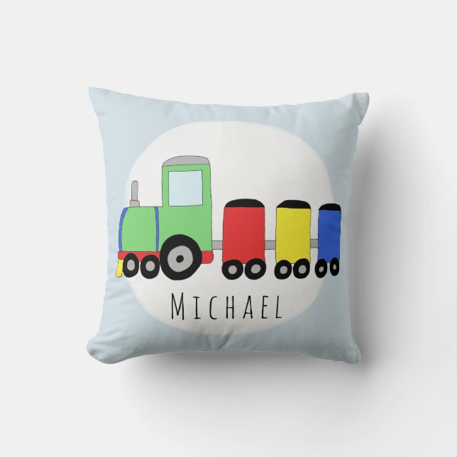 Baby Boy Colourful Locomotive Train Name Nursery Throw Pillow (Front)