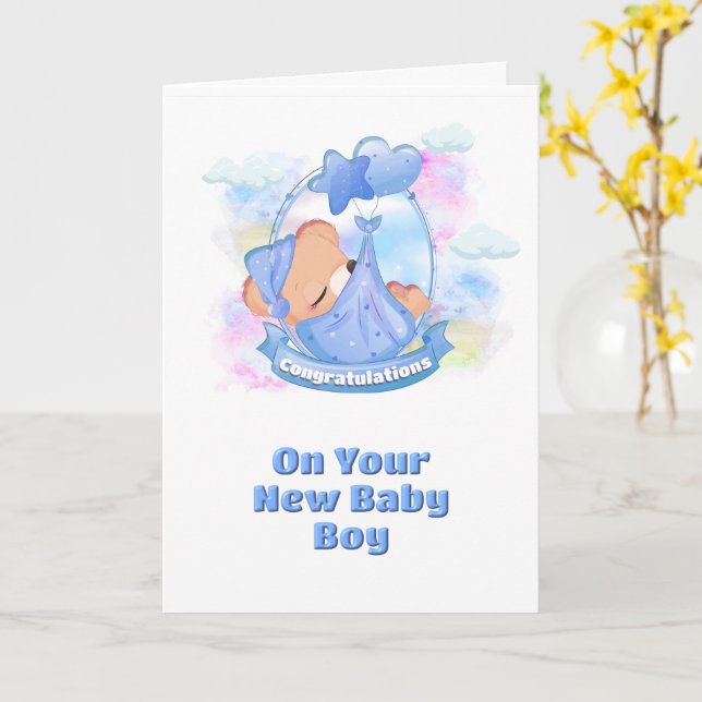 Baby Boy Congratulations Blue Teddy Bear Balloons Card (Yellow Flower)