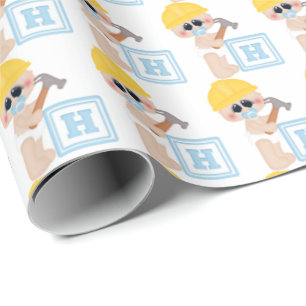 Baby boy construction block wrapping paper