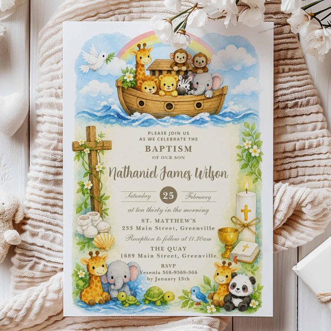 Baby Boy Cute Animals Noah's Ark Baptism  Invitation (Creator Uploaded)