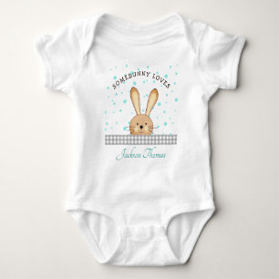 Baby Boy Cute Bunny Love Teal/Grey Personalized Bodysuit