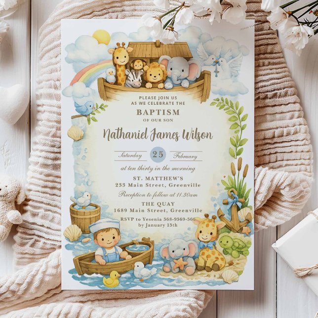 Baby Boy Cute Noah's Ark Baptism Invitation  (Creator Uploaded)
