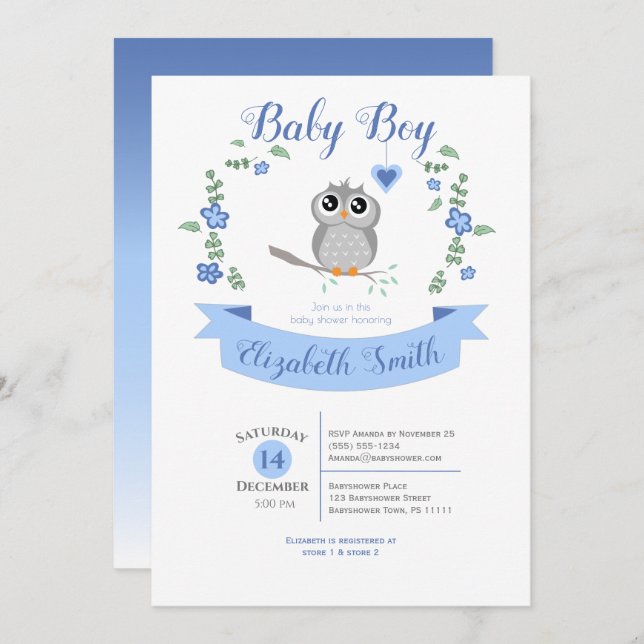 Baby Boy Cute owl babyshower Invitation (Front/Back)
