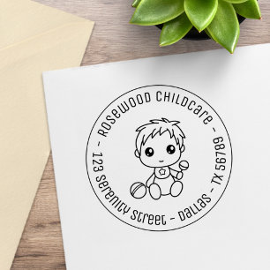 Baby Boy Daycare Childcare Round Address Rubber Stamp