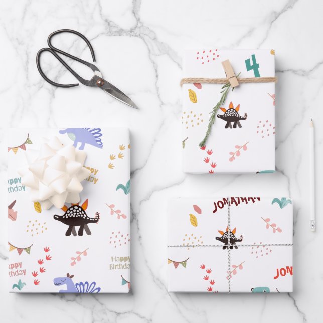 Baby Boy Dinosaur Personalized Name & Age birthday Wrapping Paper Sheet (Front)