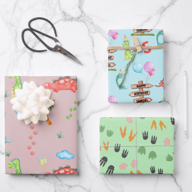 Baby Boy Dinosaur Personalized Name & Age birthday Wrapping Paper Sheet (Front)