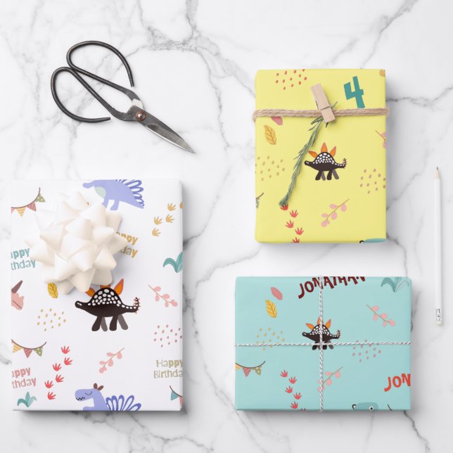 Baby Boy Dinosaur Personalized Name & Age birthday Wrapping Paper Sheet (Front)