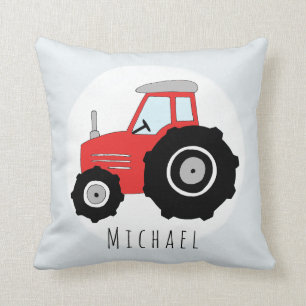 Baby Boy Doodle Red Tractor with Name Nursery Throw Pillow