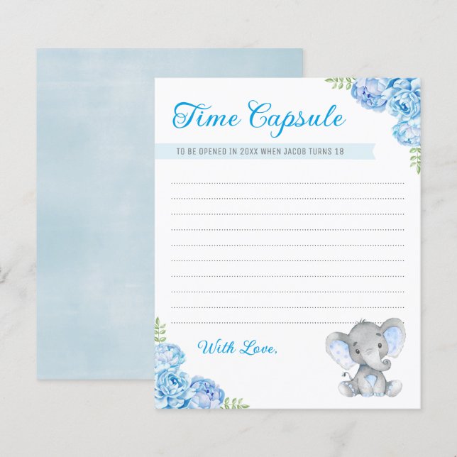 Baby Boy Elephant 1st Birthday Time Capsule Cards (Front/Back)