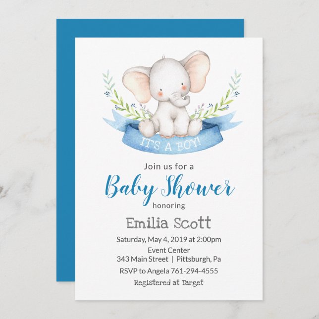 Baby Boy Elephant Baby Shower Invitations (Front/Back)
