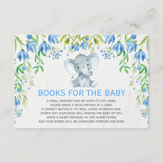 Baby Boy Elephant Blue Floral Bring a Book Card (Front)