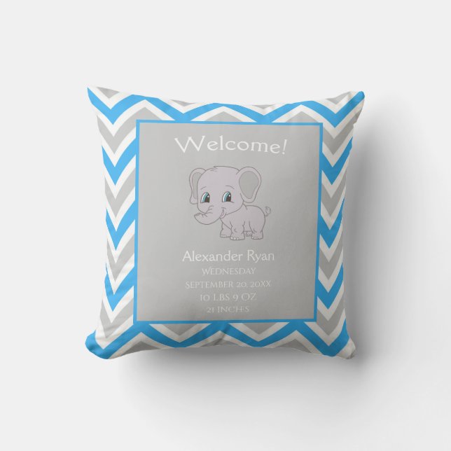 Baby Boy Elephant Chevron Birth Stats Keepsake Throw Pillow (Front)
