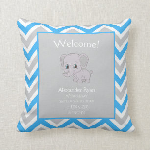 Baby Boy Elephant Chevron Birth Stats Keepsake Throw Pillow