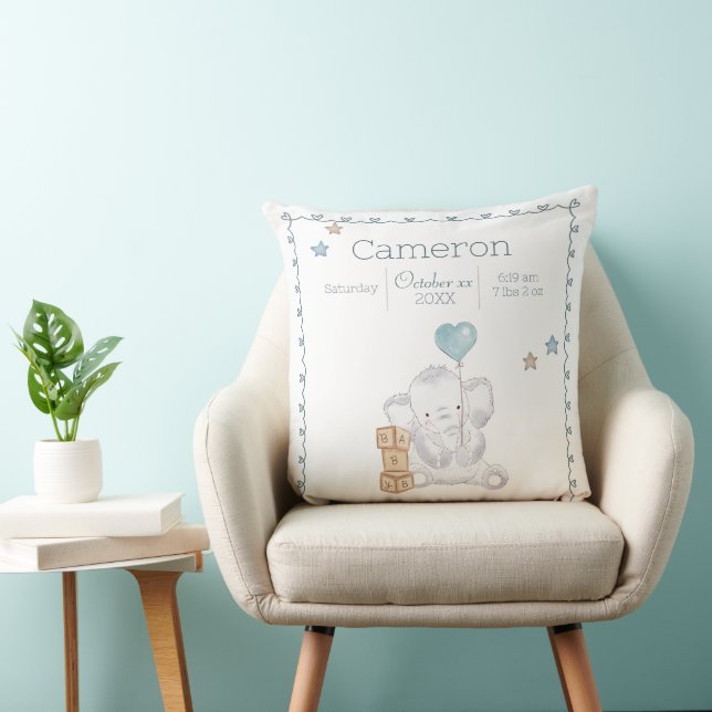 Baby Boy Elephant Custom Name Keepsake Throw Pillow (Chair)