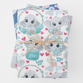 Baby Boy Elephant Cute Blue Baby Shower Baptism Wrapping Paper Sheet