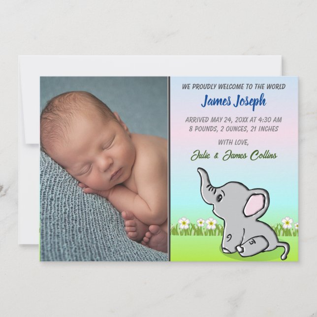 Baby Boy Elephant Flat Faire-part Card (Devant)