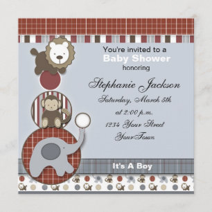 Baby Boy Elephant,Monkey and Lion Baby Shower Invi Invitation