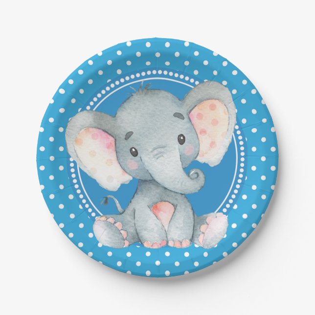 Baby Boy Elephant Polka Dot Shower Paper Plate (Front)