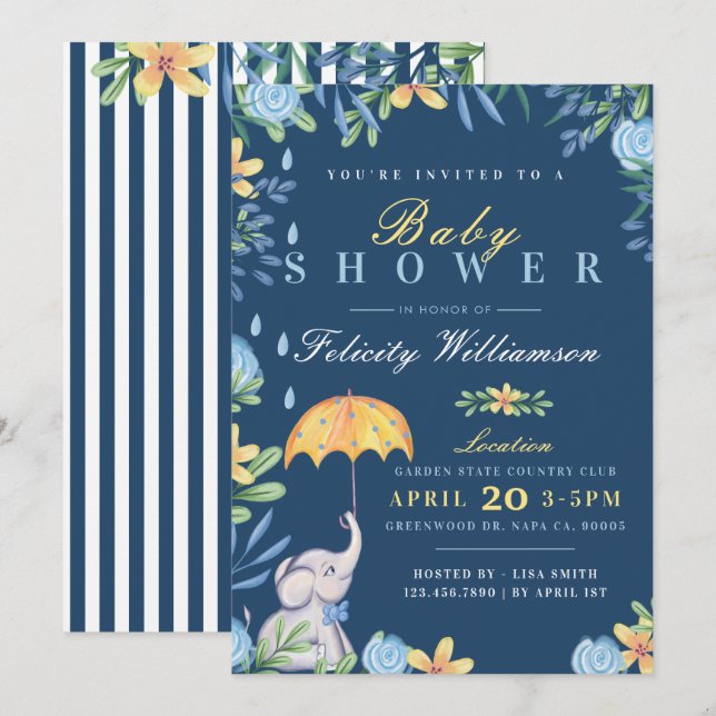 Baby Boy Elephant Umbrella Baby shower Invitation (Devant / Derrière)