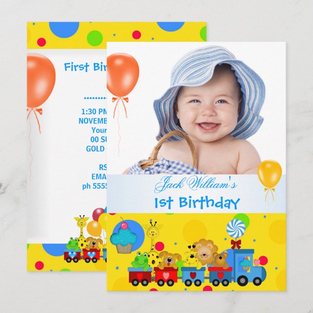 Baby Boy First Birthday 1st Train Blue Yellow Invitation (Front/Back)