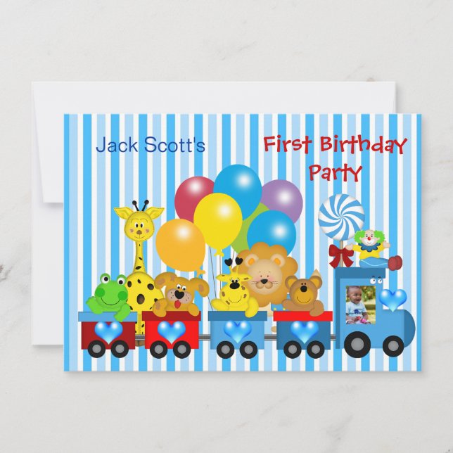 Baby Boy First Birthday 1st Train Photo Animals Invitation (Front)