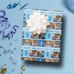 Baby Boy First Birthday Cute Photo Collage Blue Wrapping Paper Sheet<br><div class="desc">Cute 3 photo collage happy birthday wrapping paper for a baby boy or toddler. Celebrate your child's birthday with cute photographs of them on this add your own photograph gift wrap with cool blue squares. Add their name and age.</div>