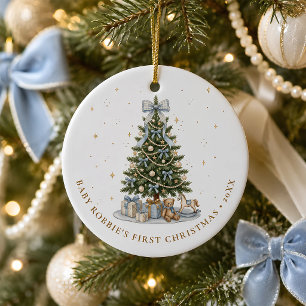 Baby Boy First Christmas Blue Bow Personalized Ceramic Ornament