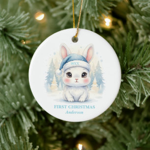 Baby Boy First Christmas Blue Bunny Photo Ceramic Ornament