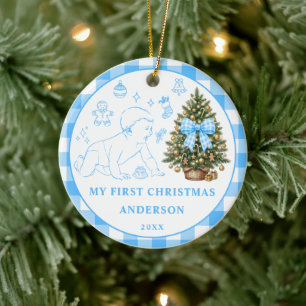 Baby Boy First Christmas Blue Gingham Bow Photo Ceramic Ornament