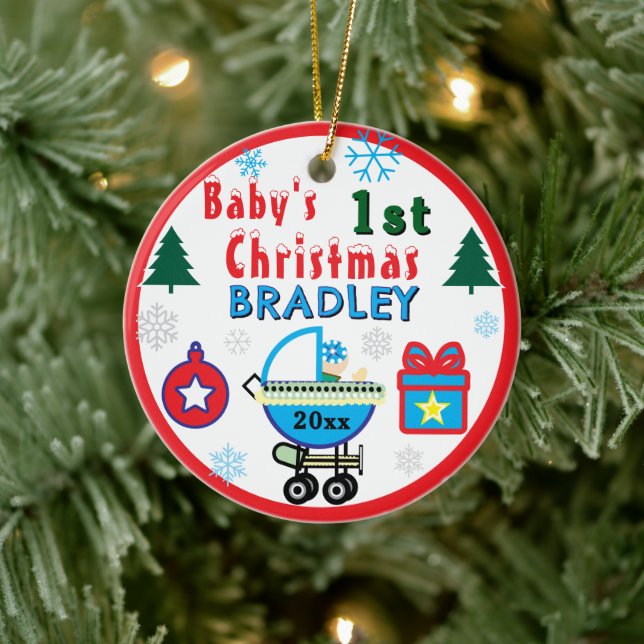 Baby Boy First Christmas Blue Hat NAME Ceramic Ornament (Tree)
