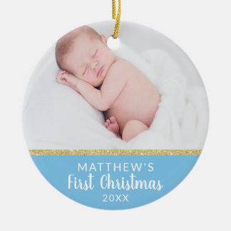Baby Boy FIRST Christmas Blue | Message + PHOTO Ceramic Ornament