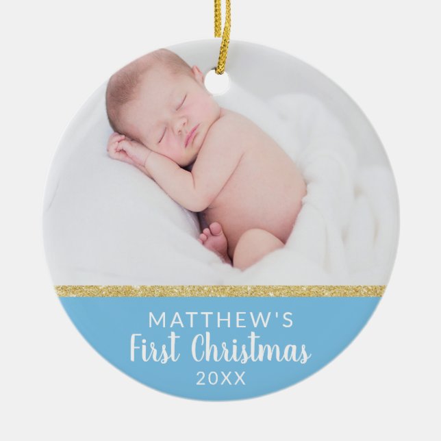 Baby Boy FIRST Christmas Blue | Message  + PHOTO Ceramic Ornament (Front)