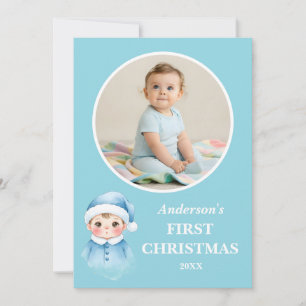 Baby Boy First Christmas Blue Santa Photo Card