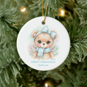 Baby Boy First Christmas Blue Teddy Bear Photo Ceramic Ornament