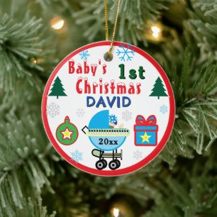 Baby Boy First Christmas Blue White Carriage NAME Ceramic Ornament
