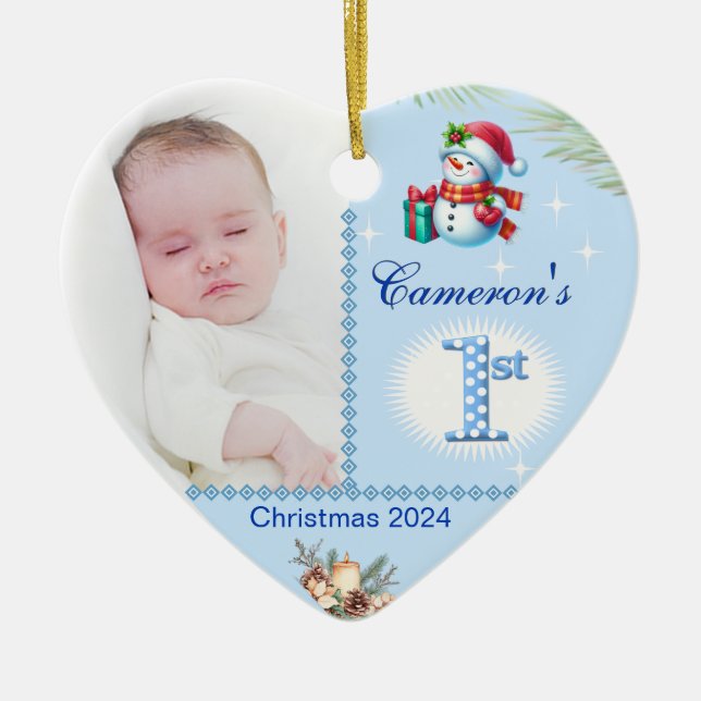 Baby Boy First Christmas Custom Photo Heart Gift Ceramic Ornament (Front)
