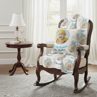 Baby boy First Christmas Gingerbread Photo & Name Throw Pillow