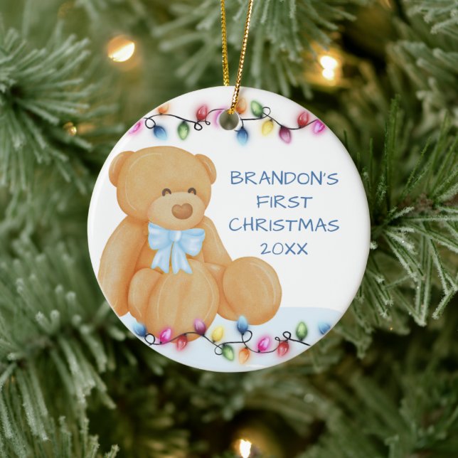 Baby Boy First Christmas Lights Teddy Bear Photo Ceramic Ornament (Tree)