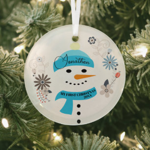 Baby Boy First Christmas Ornament, Personalized  Glass Ornament