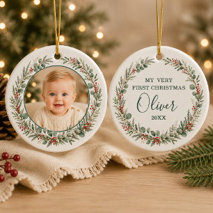 Baby Boy First Christmas Personalized Photo Ceramic Ornament