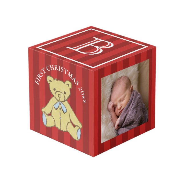 Baby Boy First Christmas Personalized Photo Cube (Front Angled)