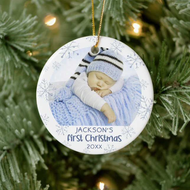 Baby Boy First Christmas Photo Blue Snowflake Name Ceramic Ornament (Tree)
