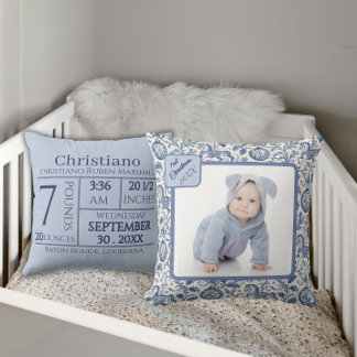 Baby Boy First Christmas Photo Blue Toile Throw Pillow