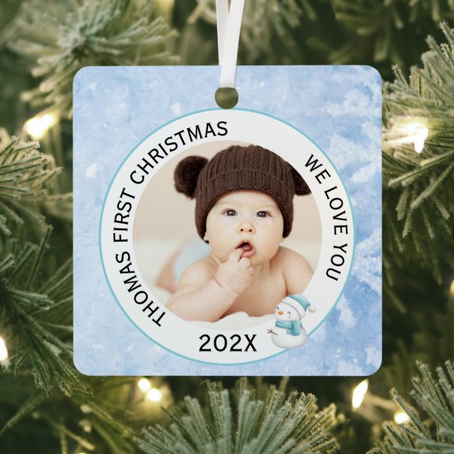 Baby Boy First Christmas Photo Icy Blue  Metal Ornament (Insitu)