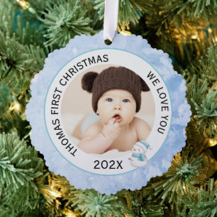 Baby Boy First Christmas Photo Icy Blue  Ornament Card