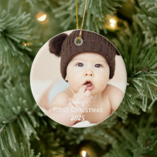 Baby Boy First Christmas Photo Name Blue Ceramic Ornament