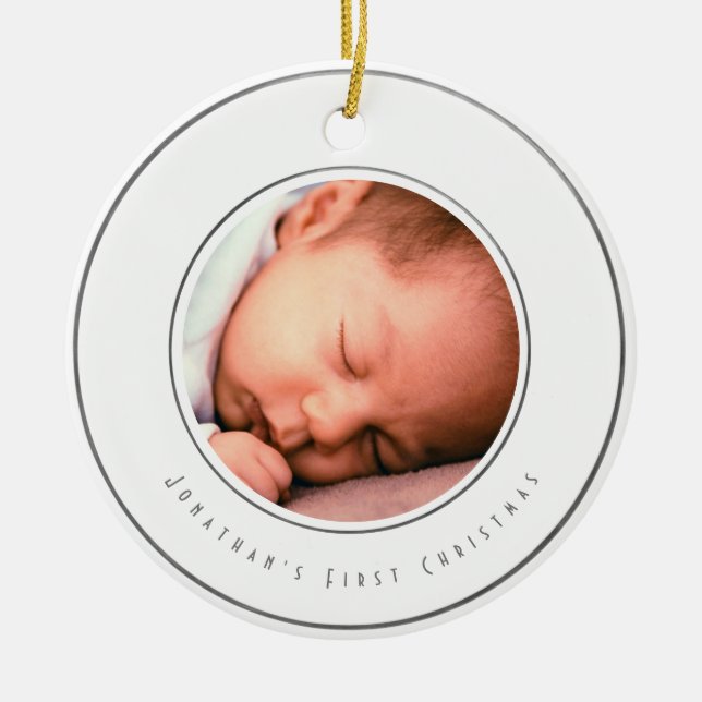 Baby Boy First Christmas Photo Silver Ceramic Ornament (Front)