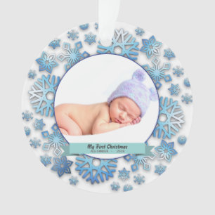 Baby Boy First Christmas Photo Snowflakes Ornament